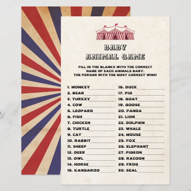Papier Jeu d'animaux bébé Cirque Carnaval Rétro Baby Show (Devant / Derrière)