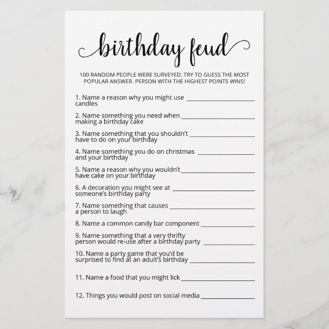 Papier Jeu d'anniversaire Feud avec réponses (Devant)