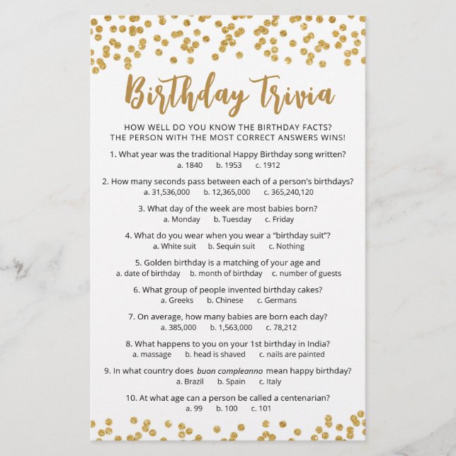 Papier Jeu d'anniversaire Trivia avec réponses Anniversai (Devant)