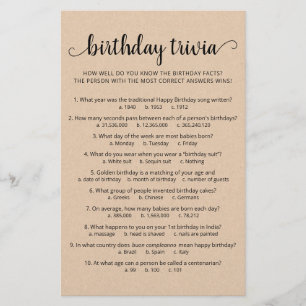 Papier Jeu d'anniversaire Trivia avec réponses Anniversai