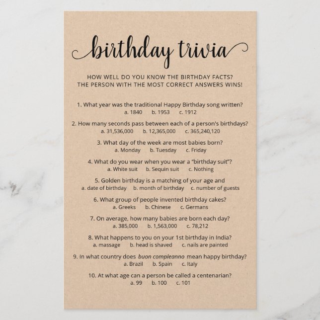 Papier Jeu d'anniversaire Trivia avec réponses Anniversai (Devant)