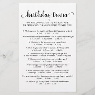 Papier Jeu d'anniversaire Trivia avec réponses Anniversai