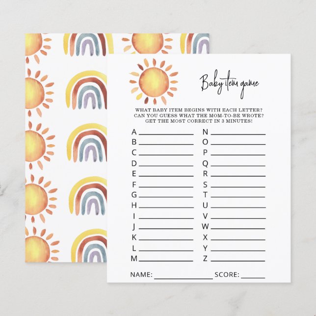 Papier Jeu d'article bébé soleil. Jeu de Baby Shower (Devant / Derrière)