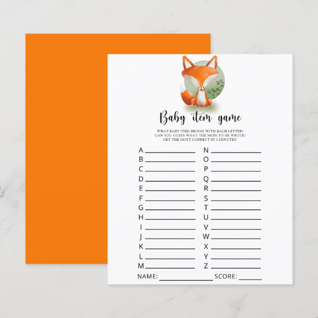 Papier Jeu d'article pour bébé de Fox. Jeu baby shower (Devant / Derrière)