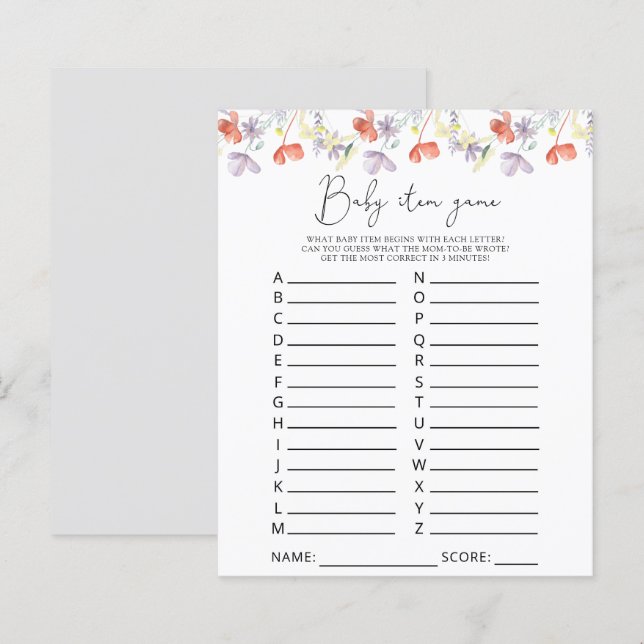 Papier Jeu d'article pour bébé fleur sauvage. Jeu baby sh (Devant / Derrière)