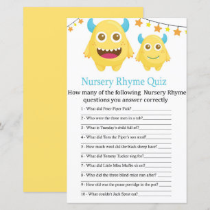 Papier Jeu de baby shower à rime de monstre jaune