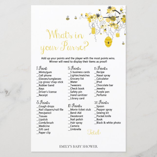 Papier Jeu de Baby Shower Abeille - Qu'y a-t-il dans votr (Devant)