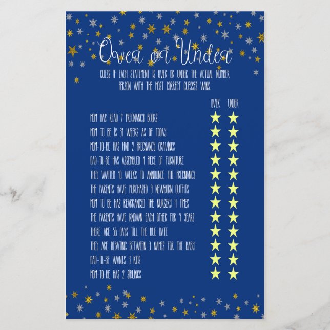 Papier Jeu de Baby Shower 'Au-Dessus En Dessous Petite Ét (Devant)