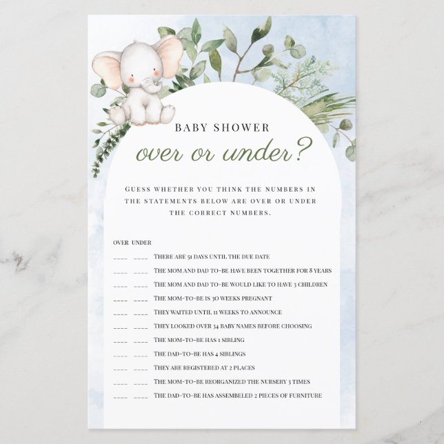 Papier Jeu de Baby Shower 'Au-Dessus ou en Dessous' Éléph (Devant)