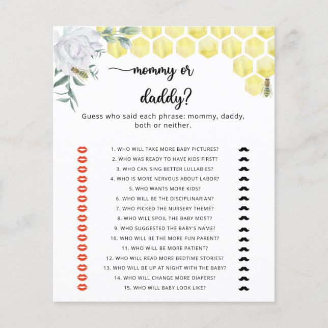 Papier Jeu de baby shower BEE maman ou papa (Devant)