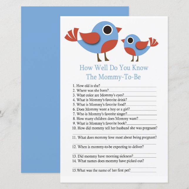 Papier Jeu de baby shower Bird À quel point connaissez-vo (Devant / Derrière)
