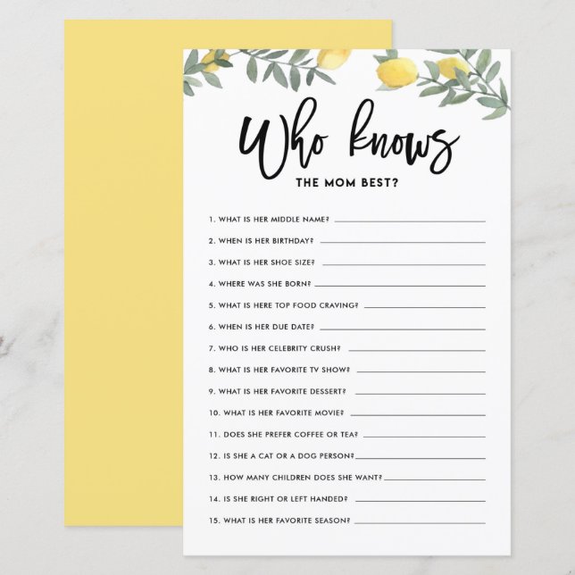Papier Jeu de baby shower Boho Lemon Qui connaît le mieux (Devant / Derrière)