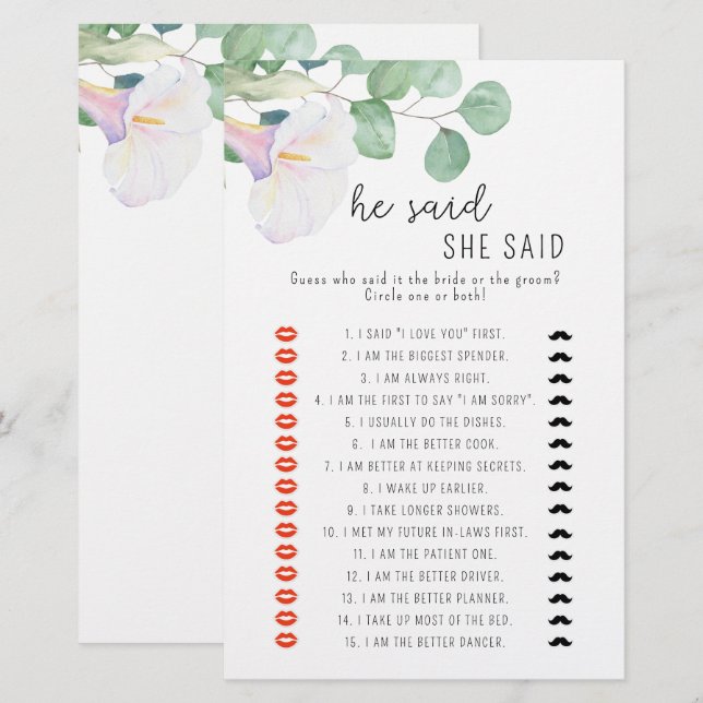 Papier Jeu de baby shower Calla - Il a dit qu'elle avait  (Devant / Derrière)