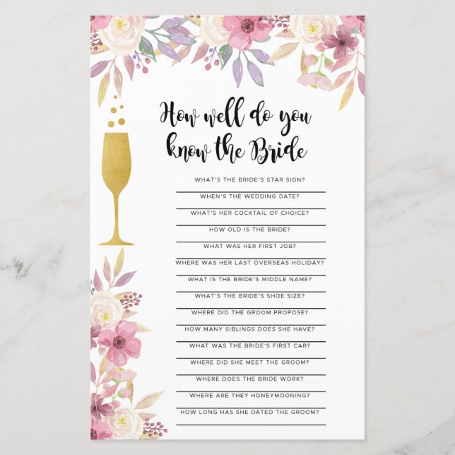 Papier Jeu de Baby Shower : Connaissez-vous la Mariée Cha (Devant)