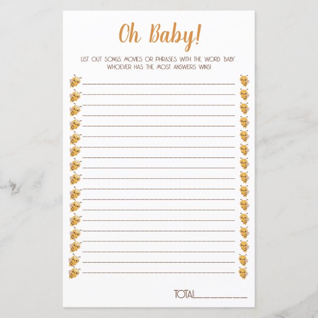 Papier Jeu de Baby shower d'abeilles. Films, chansons, ph (Devant)