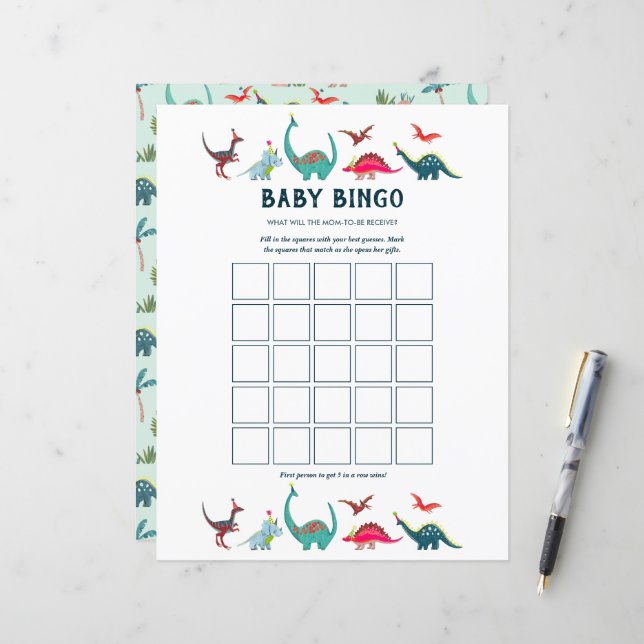 Papier Jeu de Baby shower de Bingo Cute Dinosaur (Devant/Arrière en situation)