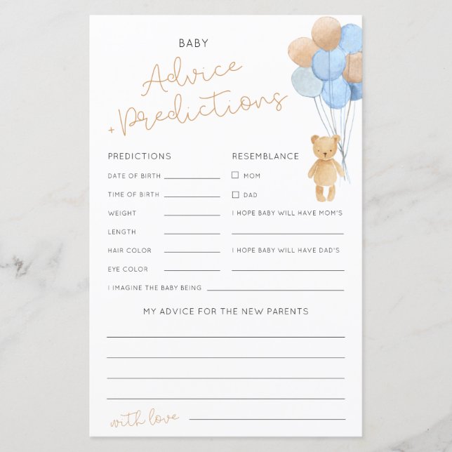 Papier Jeu de Baby shower de conseils et de prévisions (Devant)