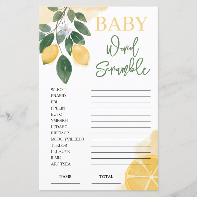 Papier Jeu de Baby shower de course de mot citron (Devant)