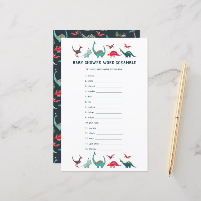Papier Jeu de Baby shower de course de mot mignon Dinosau (Devant/Arrière en situation)