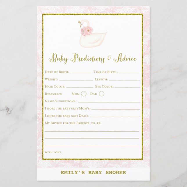 Papier Jeu de Baby shower de cygne IMPRIMÉ (Devant)