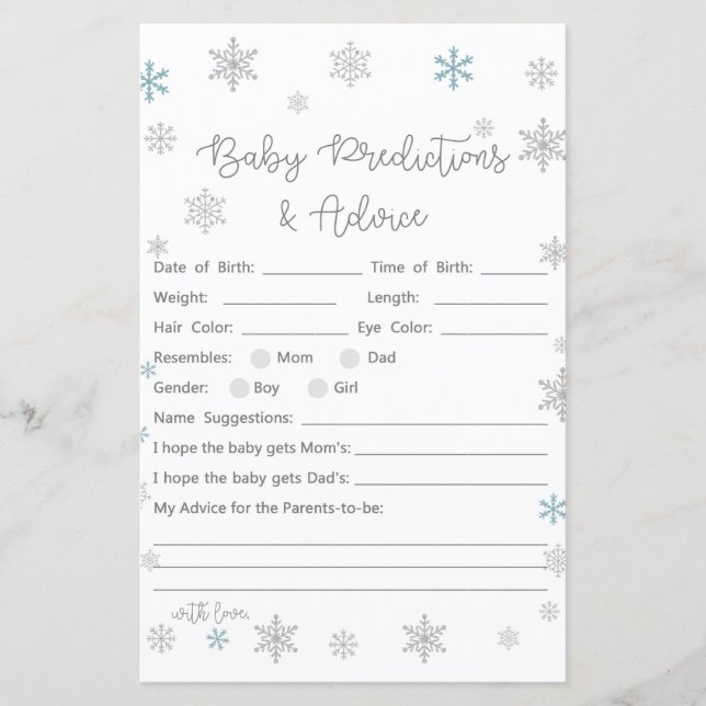 Papier Jeu de Baby shower de flocon de neige d'hiver IMPR (Devant)