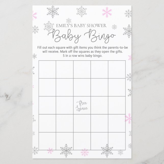 Papier Jeu de Baby shower de flocon de neige rose en arge (Devant)