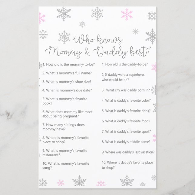 Papier Jeu de Baby shower de flocon de neige rose en hive (Devant)