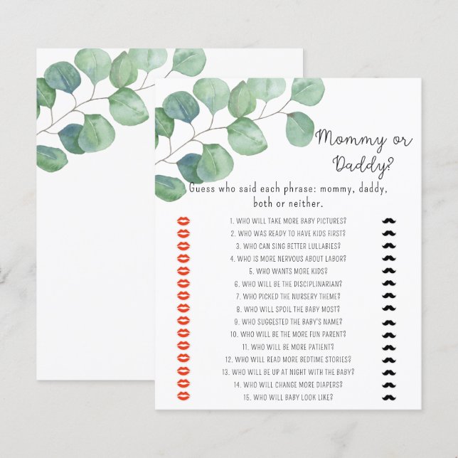 Papier Jeu de baby shower de maman ou papa (Devant / Derrière)