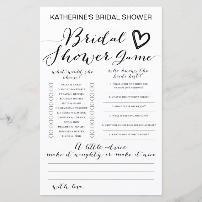Papier Jeu de Baby Shower de Mariage Imprimé sur Fond Bla (Devant)
