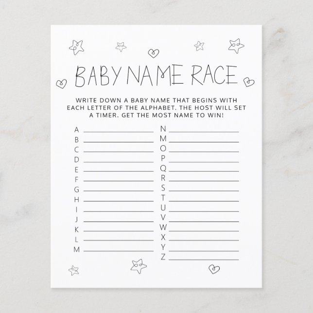 Papier Jeu de Baby shower de nom noir de script minimalis (Devant)