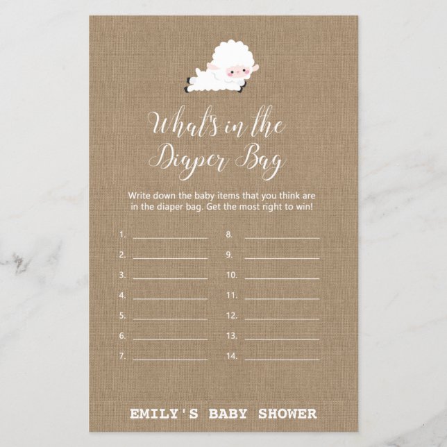 Papier Jeu de Baby shower de petit agneau IMPRIMÉ (Devant)