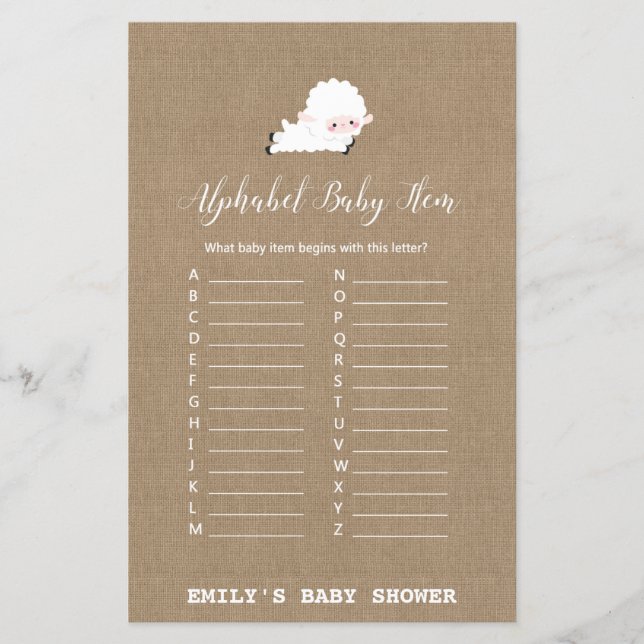 Papier Jeu de Baby shower de petit agneau IMPRIMÉ (Devant)