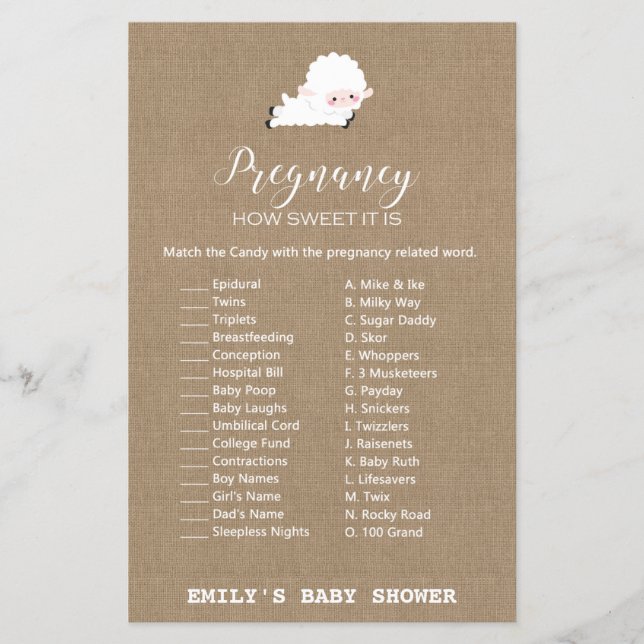 Papier Jeu de Baby shower de petit agneau IMPRIMÉ (Devant)