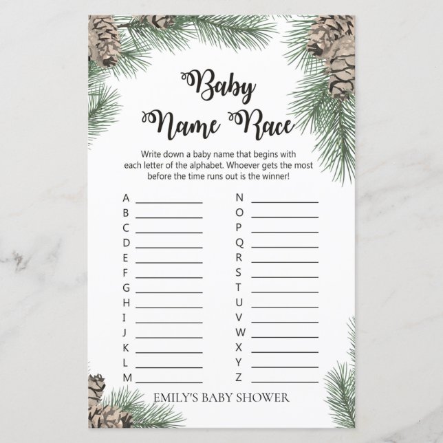 Papier Jeu de Baby shower de Pinecone d'hiver IMPRIMÉ (Devant)
