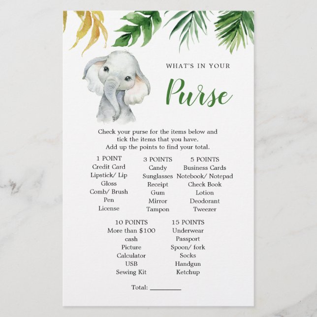 Papier Jeu de Baby shower de sac à dos pour éléphant trop (Devant)