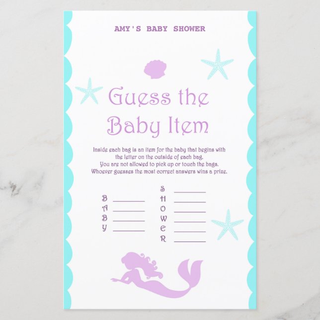 Papier Jeu de Baby shower de sirène imprimé (Devant)
