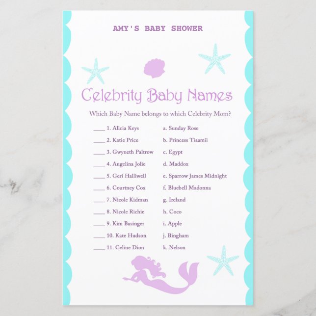 Papier Jeu de Baby shower de sirène imprimé (Devant)