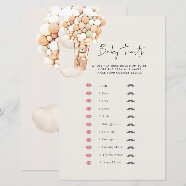 Papier Jeu de Baby shower d'ours - Bébé Traits (Devant / Derrière)