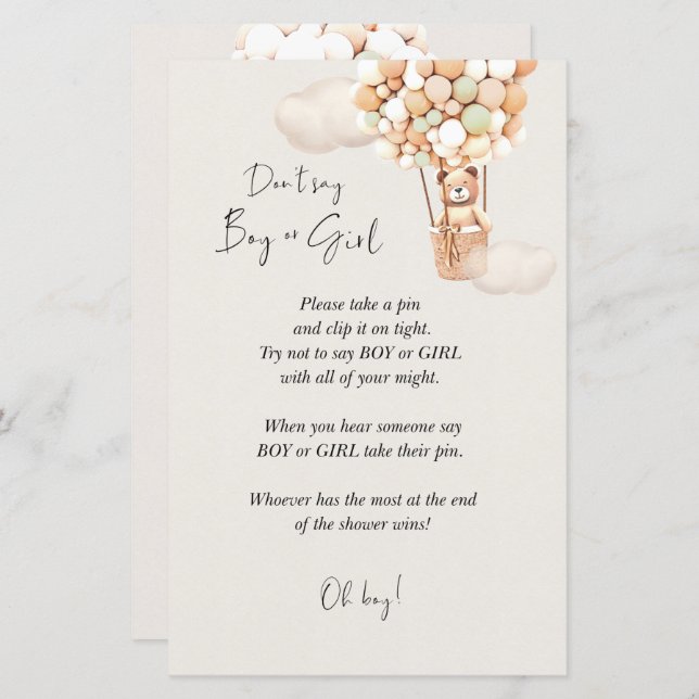 Papier Jeu de Baby shower d'ours - Ne pas dire garçon ou  (Devant / Derrière)