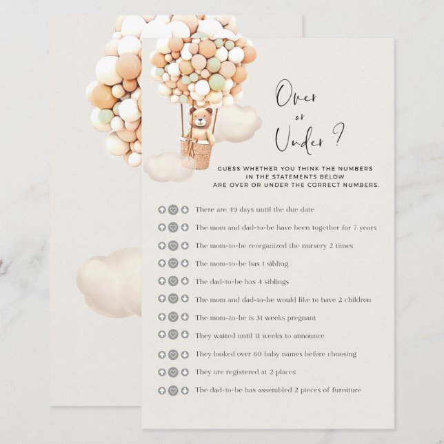 Papier Jeu de Baby shower d'ours - Plus ou moins (Devant / Derrière)