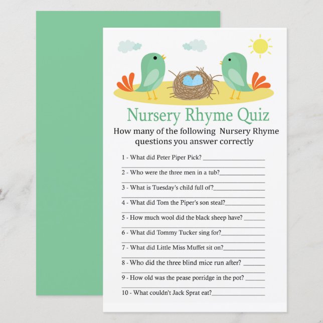Papier Jeu de baby shower du quiz des oiseaux et des nids (Devant / Derrière)