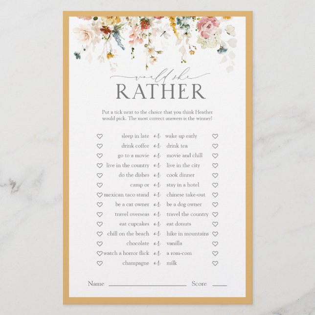 Papier Jeu de Baby Shower Élégante Fleur Jaune Sauvage po (Devant)