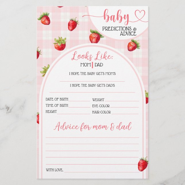 Papier Jeu de Baby Shower Fille Rustique Douce Fraise (Devant)