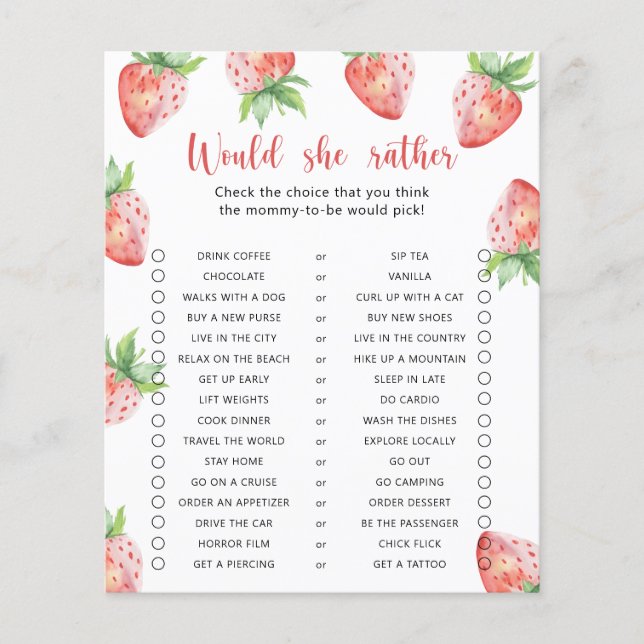 Papier Jeu de baby shower 'Fraise / Préférerait-Elle' pou (Devant)