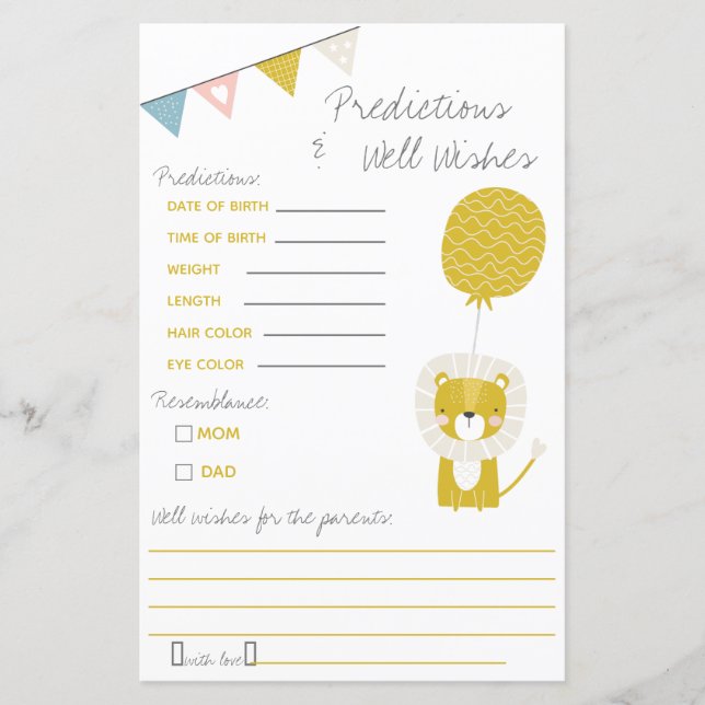 Papier Jeu de Baby shower Gold Lion prédictions et bien d (Devant)