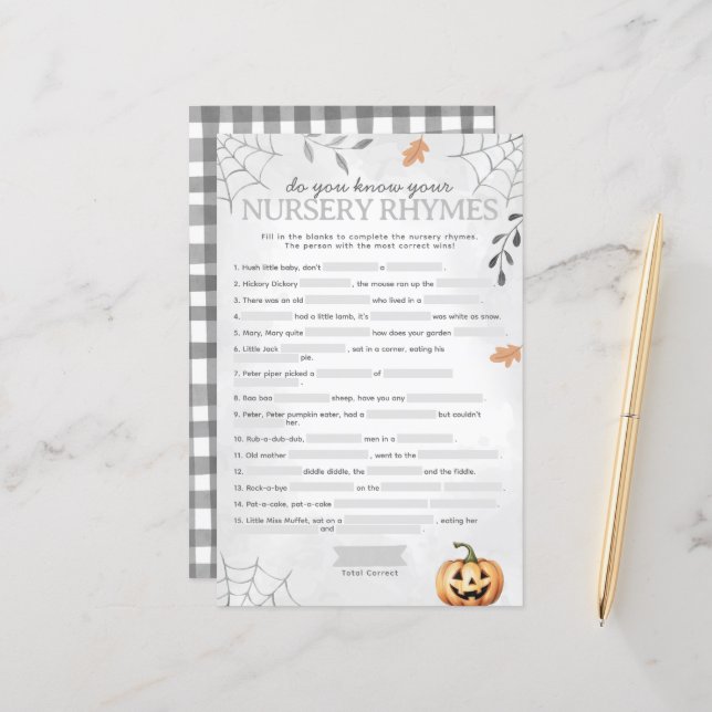 Papier Jeu de Baby shower Halloween Ghost Nurserme Rhyme (Devant/Arrière en situation)