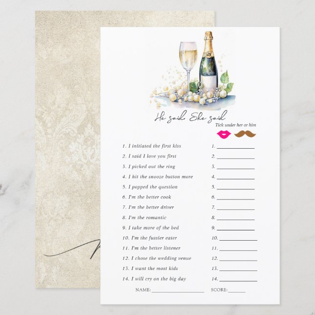 Papier Jeu de Baby Shower "Il a dit, Elle a dit" (Devant / Derrière)