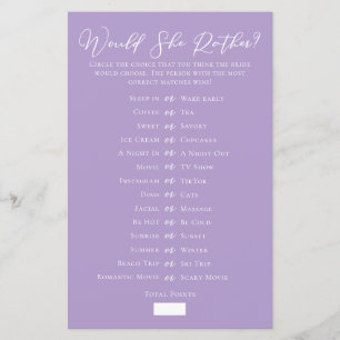 Papier Jeu de Baby Shower 'Lilac Purple Would She Rather'