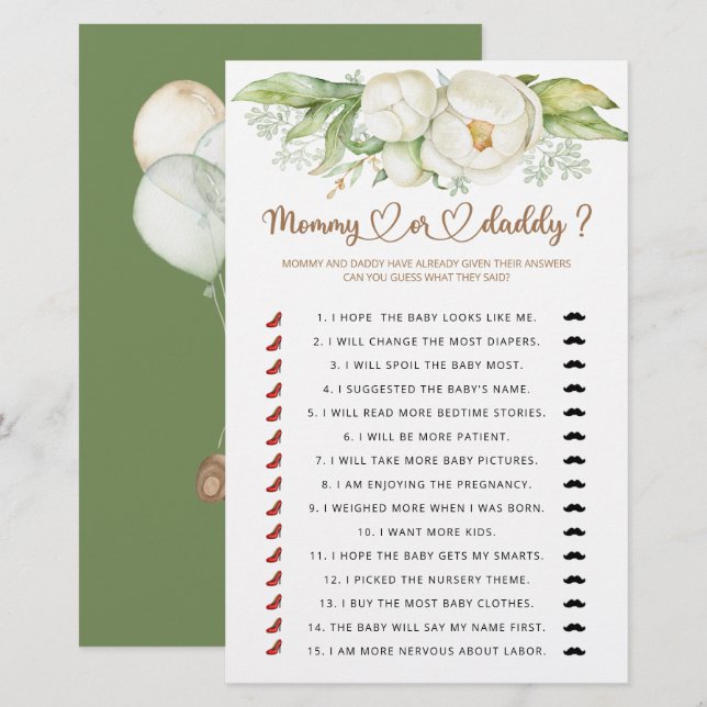 Papier Jeu de baby shower maman ou papa (Devant / Derrière)