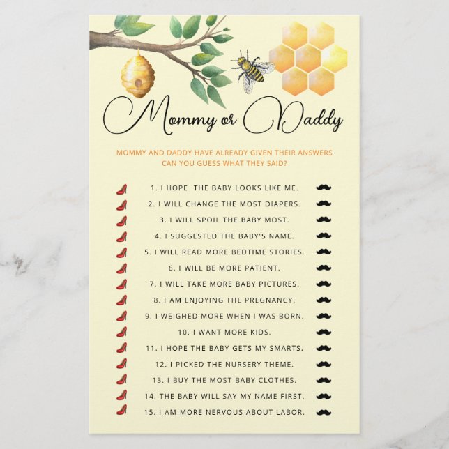 Papier Jeu de baby shower maman ou papa (Devant)